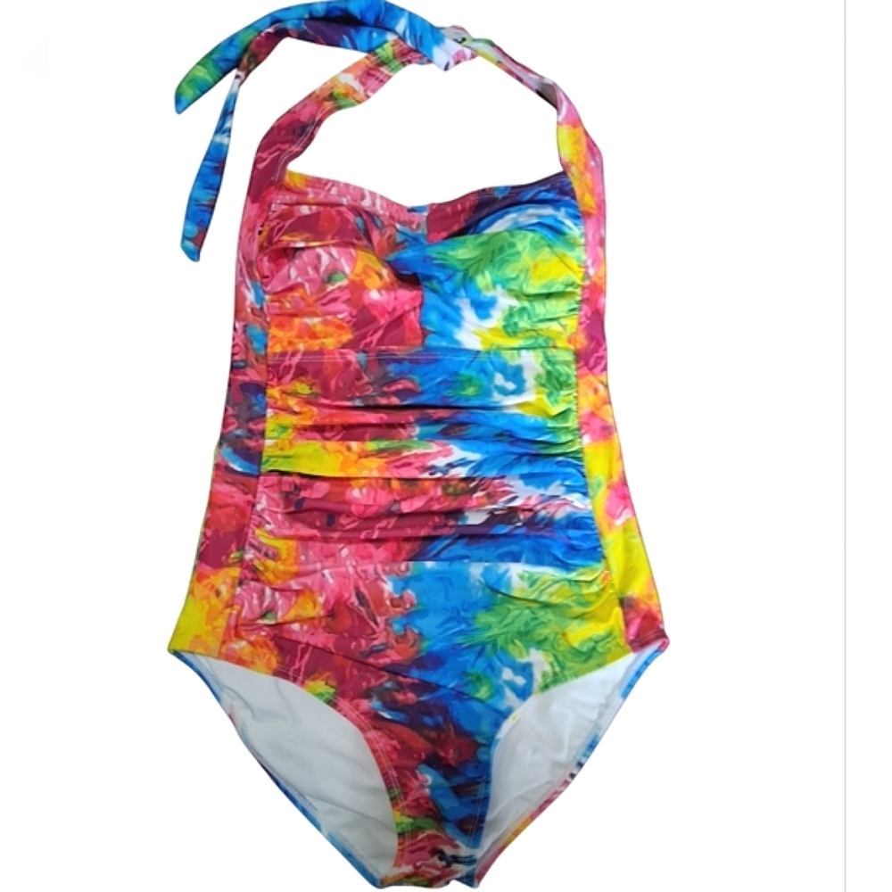 SMISMIVO Abstract Print Halter Ruched Mulitcolor One Piece Swimsuit NWT